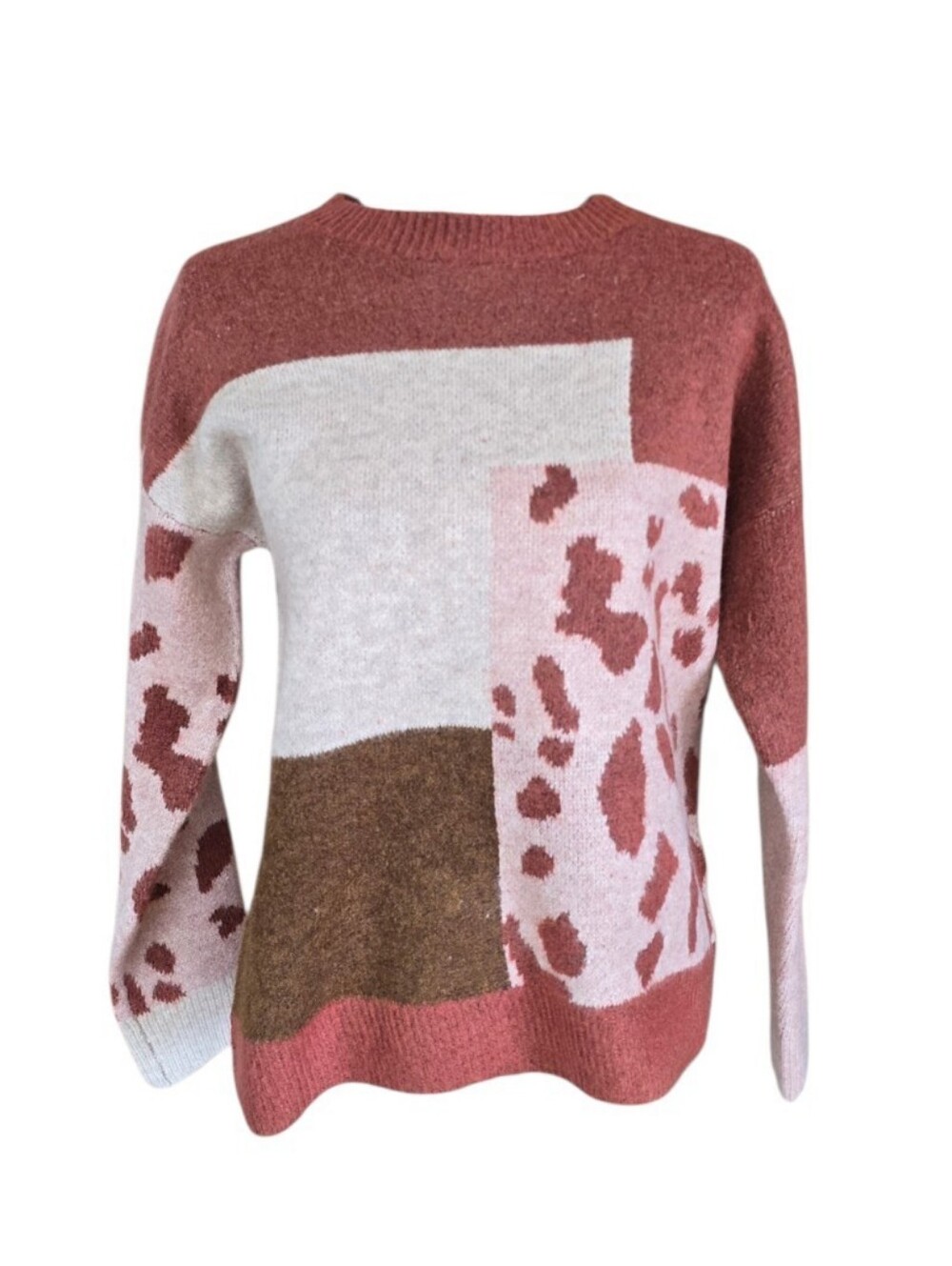 Mystree Animal Print Rust Cream Pink Long Sleeve Knit Sweater S